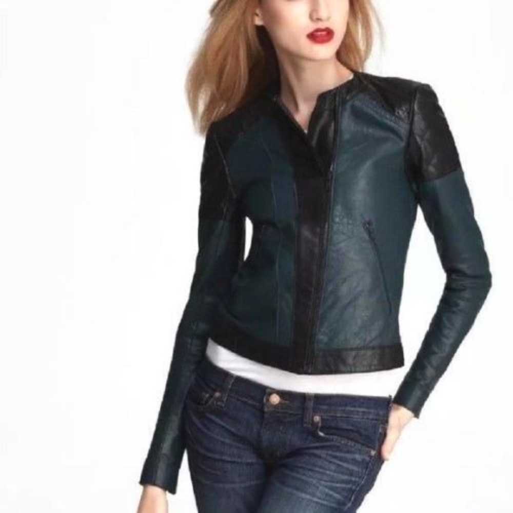 Theory Teal and Black Leather Moto Jacket